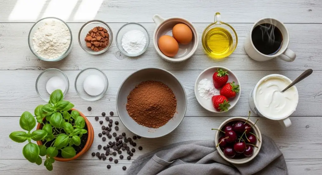Key ingredients for a chocolate cake recipe including cocoa powder, flour, and butter.