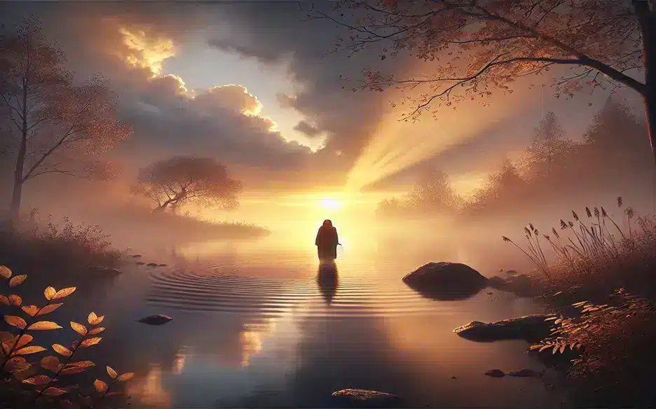 A person walking through a blooming garden, symbolizing acceptance, healing after loss, and rediscovering joy.