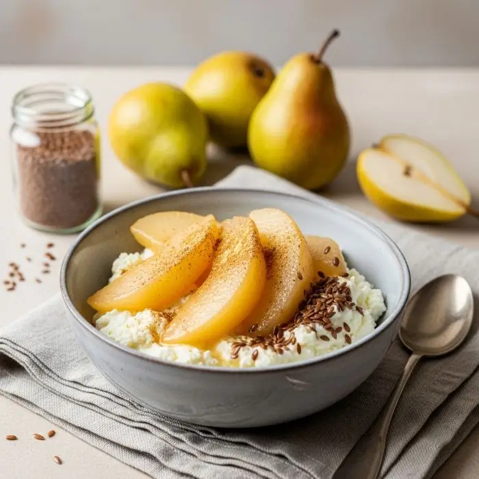 Health Benefits of Ricotta Cheese: warm ricotta pears with ginger and flax support gentle digestion and gut lining repair.