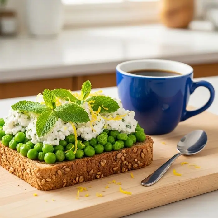 Health Benefits of Ricotta Cheese: herb-pea ricotta toast delivers fiber and protein for a gut-friendly lunch.