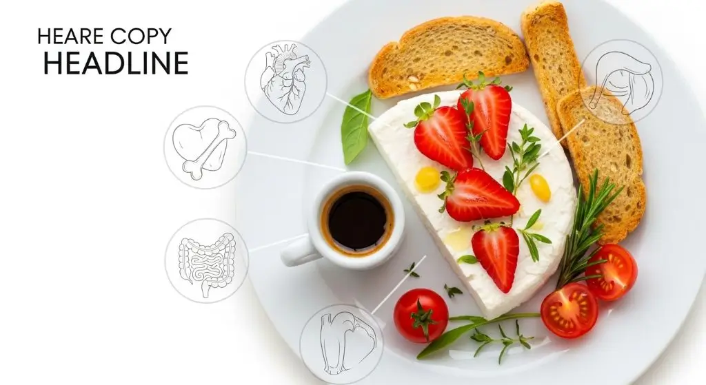 Health Benefits of Ricotta Cheese: creamy ricotta centerpiece with organ icons and wholesome foods in warm light.