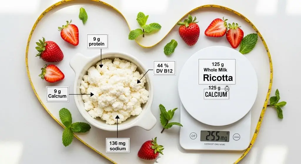 Health Benefits of Ricotta Cheese: ½ cup delivers 20 % calcium, 44 % B12, 9 g protein, low sodium, light fresh styling.