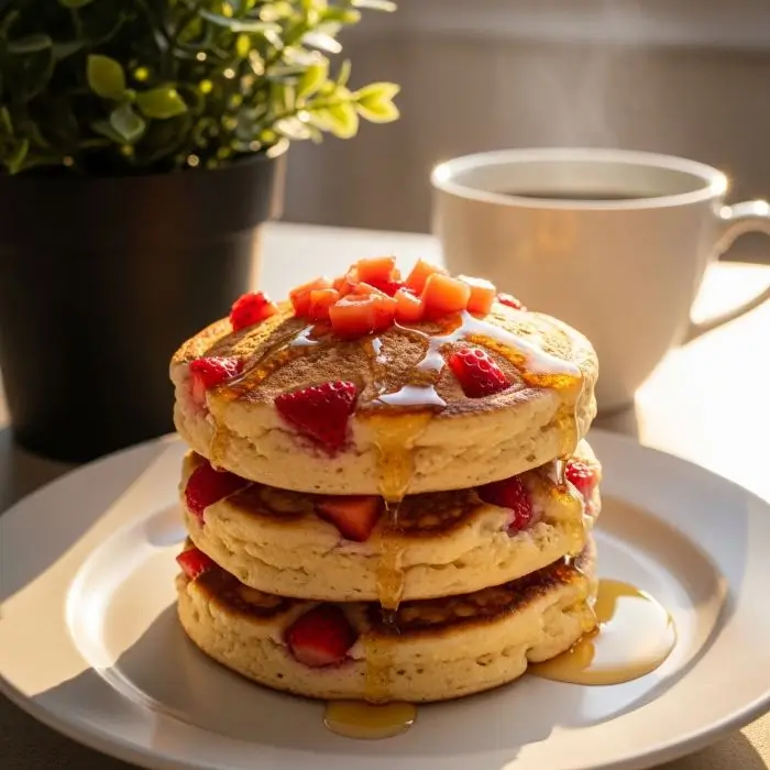 Health Benefits of Ricotta Cheese: sunrise oat pancakes with ricotta and strawberries for high-calcium breakfast.