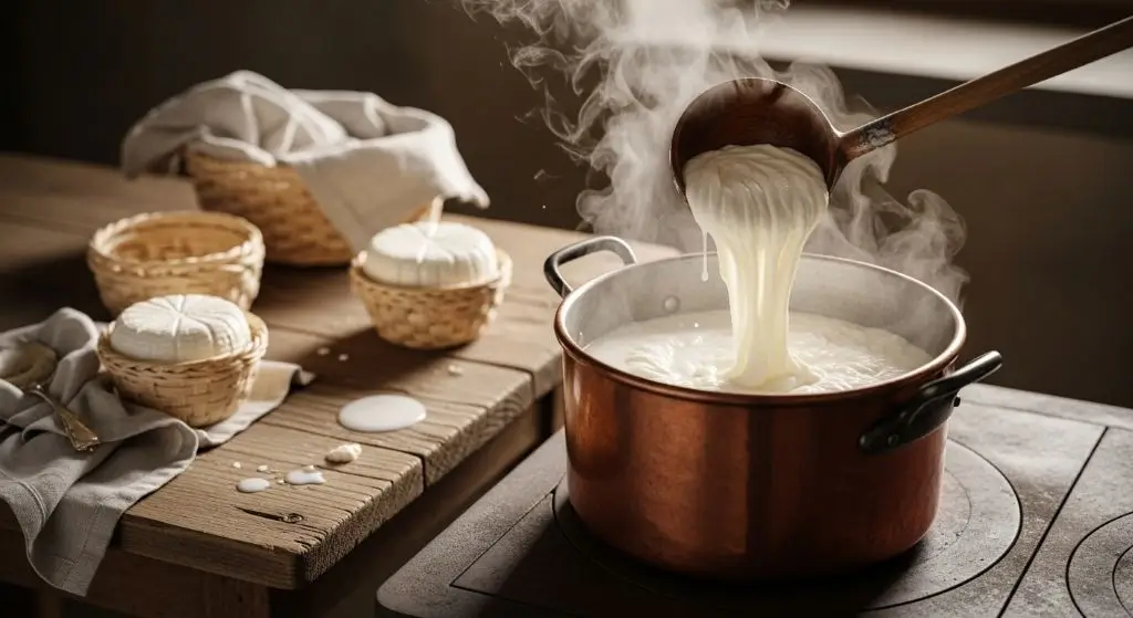 Health Benefits of Ricotta Cheese: traditional reheating of whey forms light, moist curds in a rustic Italian kitchen setting.