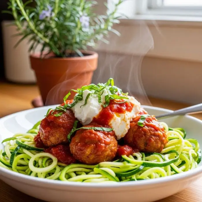 Health Benefits of Ricotta Cheese: zucchini noodles and turkey meatballs with tomato-ricotta sauce for heart-healthy dinner.