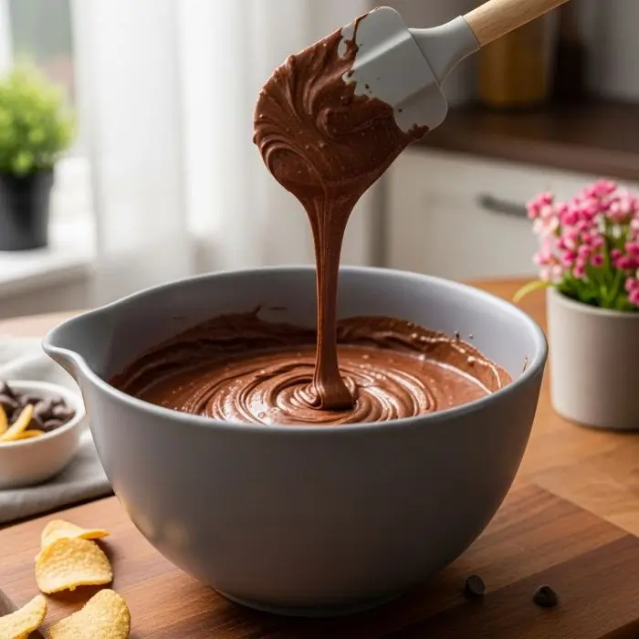 Mixing the batter for a chocolate cake recipe in a large bowl.