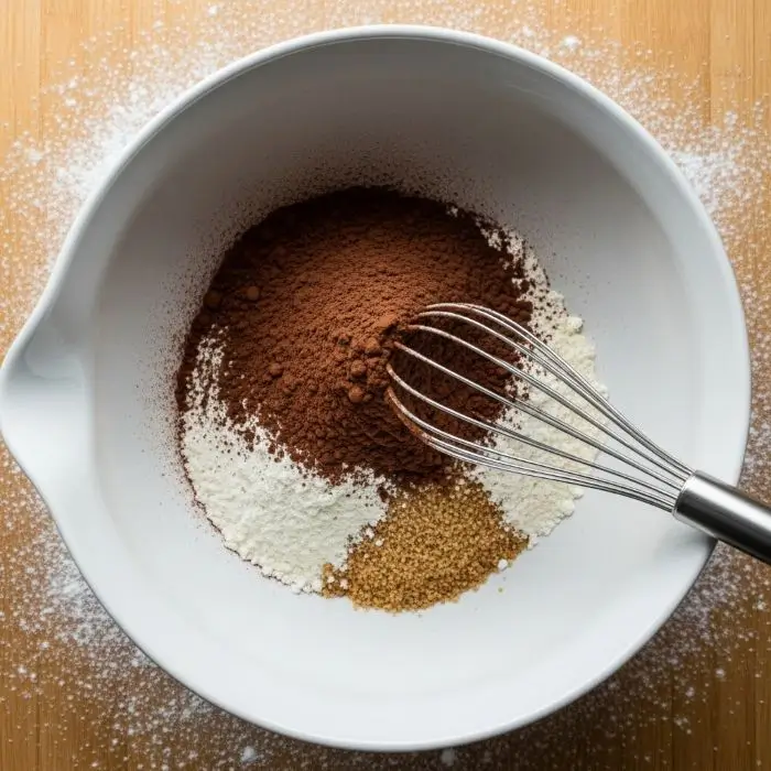 Mixing the dry ingredients for a chocolate cake recipe in a large ceramic bowl.