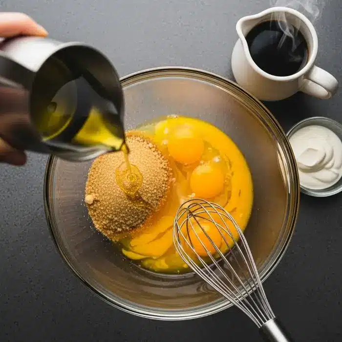 Mixing the wet ingredients for a chocolate cake recipe in a large glass bowl.