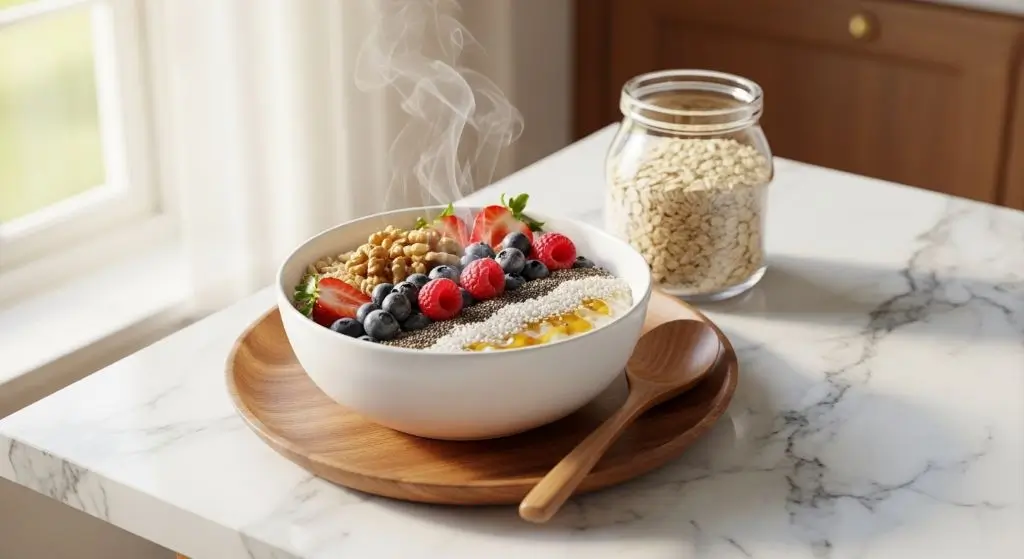 Healthy breakfast with oats a superfood, topped with berries, nuts, and chia seeds, promoting heart, brain, and digestive health.