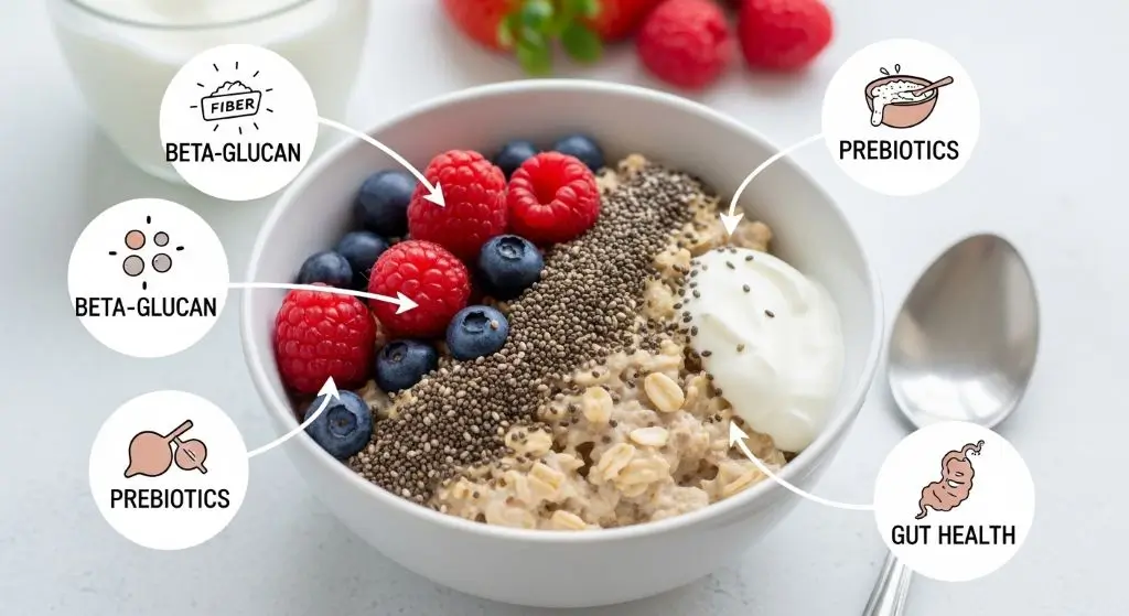 Oats a superfood with fiber and beta-glucan supporting digestion, gut health, and a healthy microbiome.