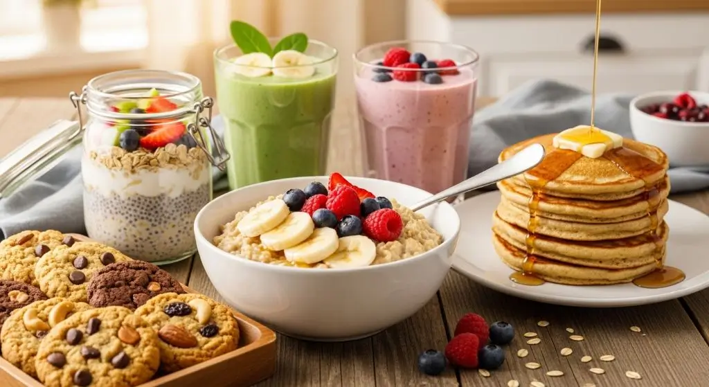 Delicious oat-based recipes including oatmeal, overnight oats, smoothies, pancakes, and healthy oat cookies.