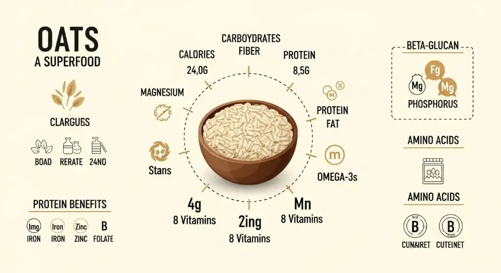 Nutrient breakdown of oats a superfood with fiber, protein, vitamins, minerals, and beta-glucan benefits.