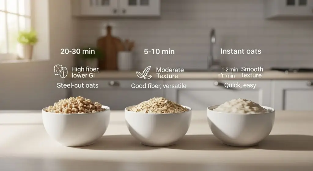Steel-cut, rolled, and instant oats displayed in bowls, showing differences in texture, cooking time, and nutrition.