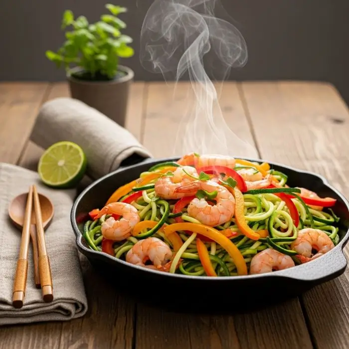 10-Minute Shrimp Zoodle Stir-Fry, a speedy Low-Calorie Filling Foods meal.