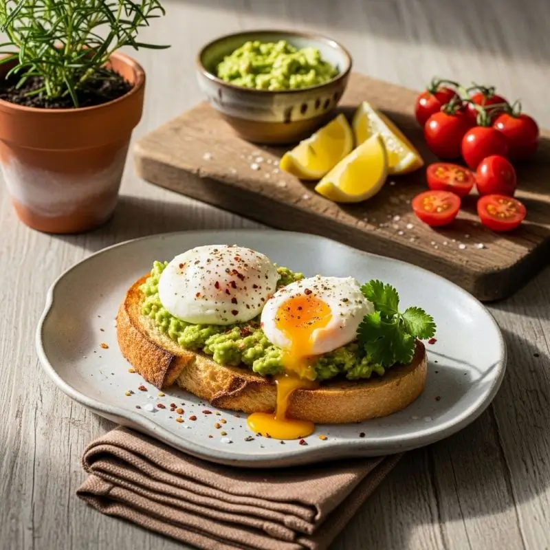 Avocado and egg toast with fresh decor on a bright counter, presented as one of the best Breakfasts for Losing Belly Fat.