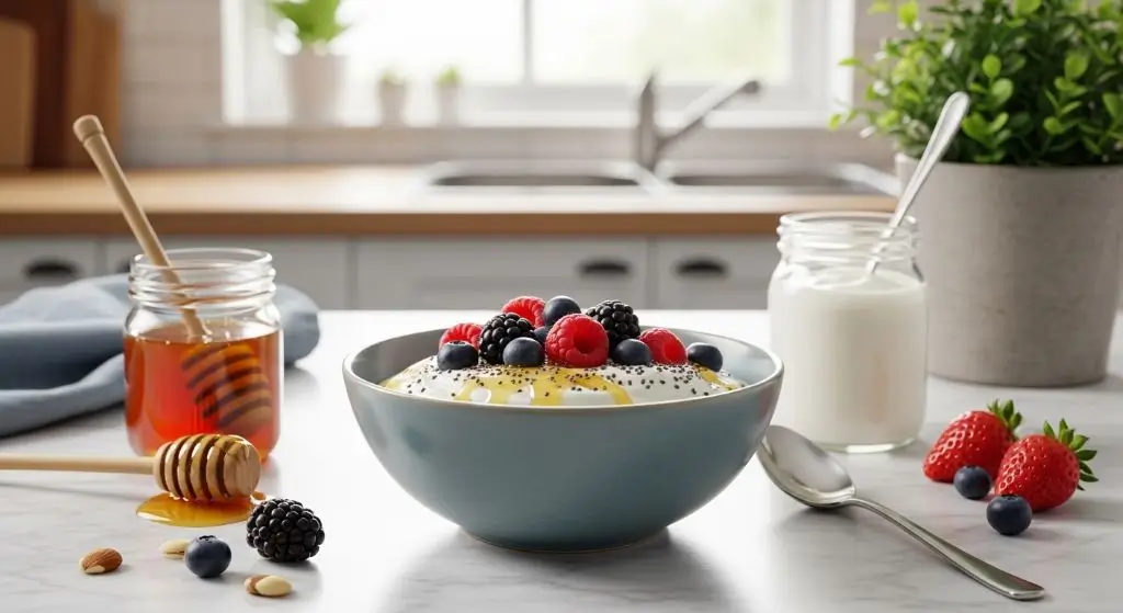 A bowl of creamy Greek yogurt with fresh berries, honey, and chia seeds, highlighting benefits of greek yogurt.