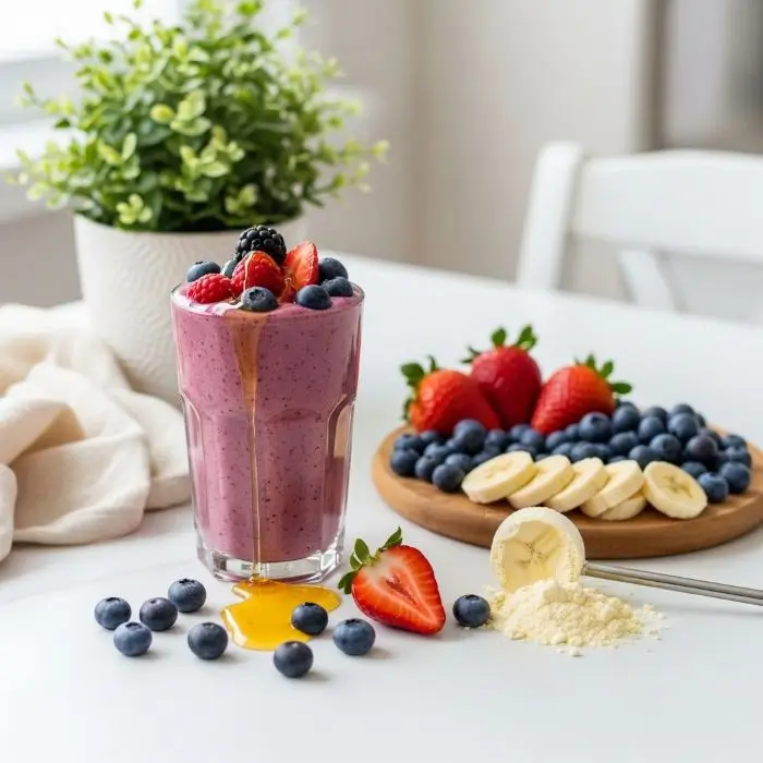 Berry Protein Smoothie with fresh berries, banana, and protein powder on table with plant pot, showcasing healthy nutrition