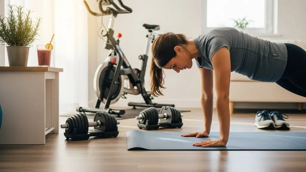 Home workout setup with plank position, bike, and dumbbells beside a smoothie, highlighting top Breakfasts for Losing Belly Fat.