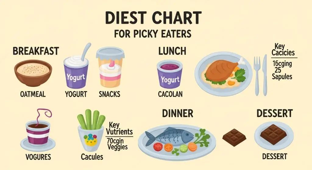 Calorie and diet chart for picky eaters showing balanced meals with calories and key nutrients for meals