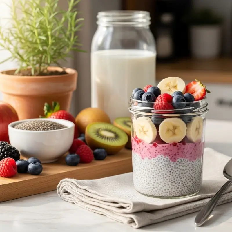 Chia seed pudding with fruit decor on a bright counter, presented as one of the top Breakfasts for Losing Belly Fat.