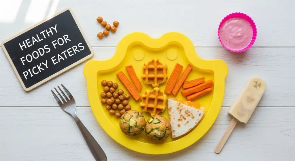 Classic feature image of healthy foods for picky eaters: rainbow plate of crunchy, smooth, and soft mini bites kids trust.