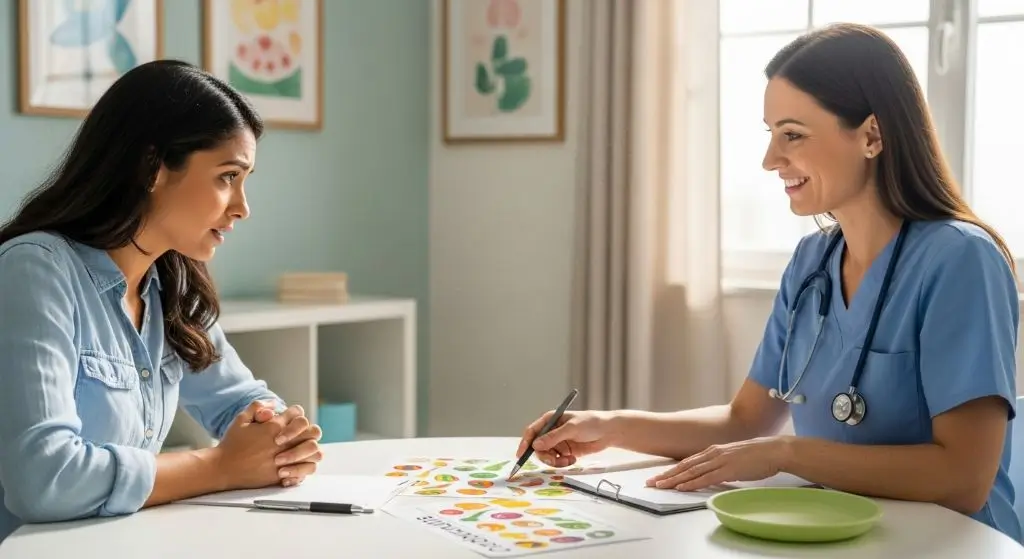 Parent consulting pediatric nutritionist for picky eaters test guidance