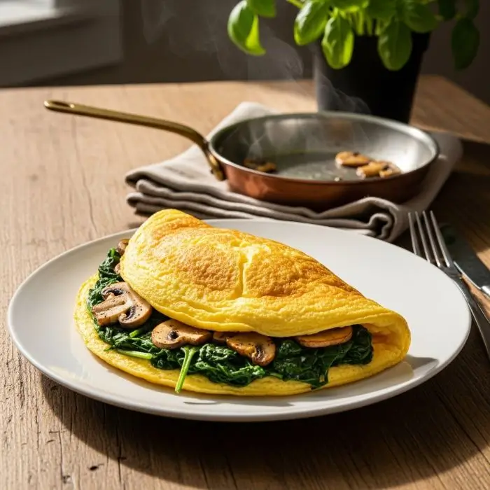 Fluffy egg-white omelet with spinach and mushrooms, a tasty Low-Calorie Filling Foods breakfast.
