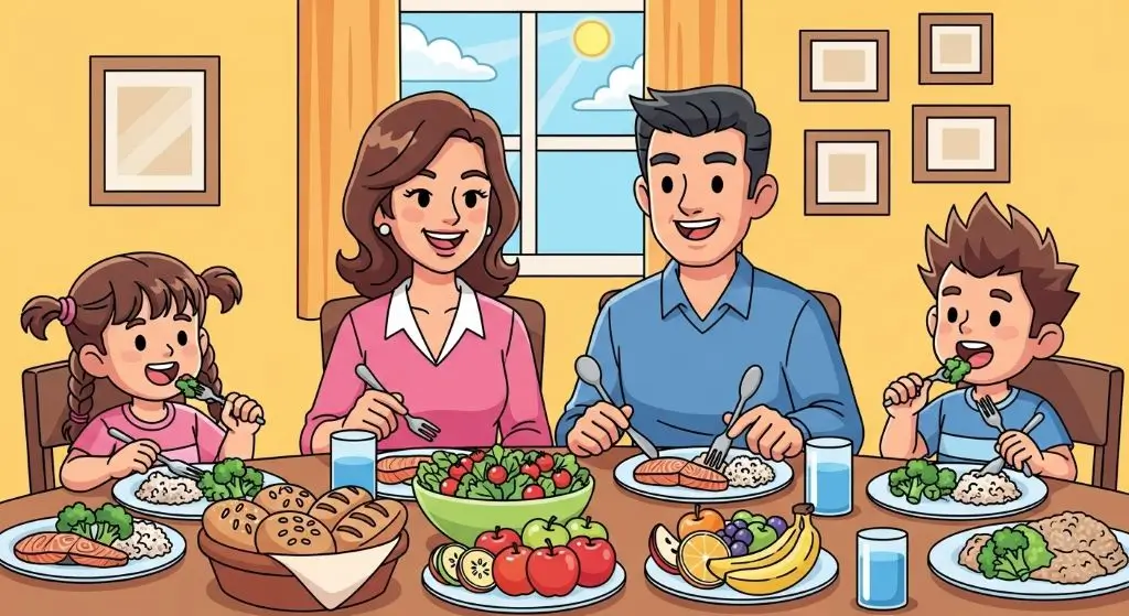 Cartoon family enjoying healthy meal together with kids eating fruits and vegetables at dining table