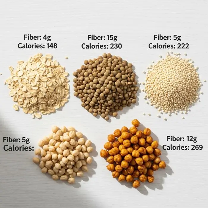 Oats, lentils, quinoa and chickpeas show fiber-rich carbs that do not weigh you down on Low-Calorie Filling Foods plan.