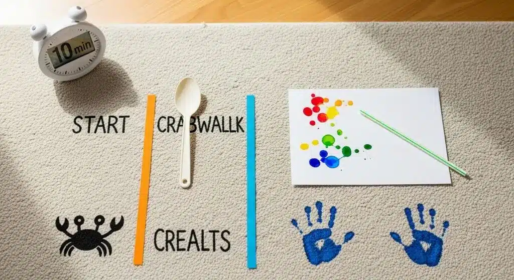 Five-minute exercises for healthy foods for picky eaters: crab walks, blow-paint, wheelbarrow shuffle to boost appetite naturally.
