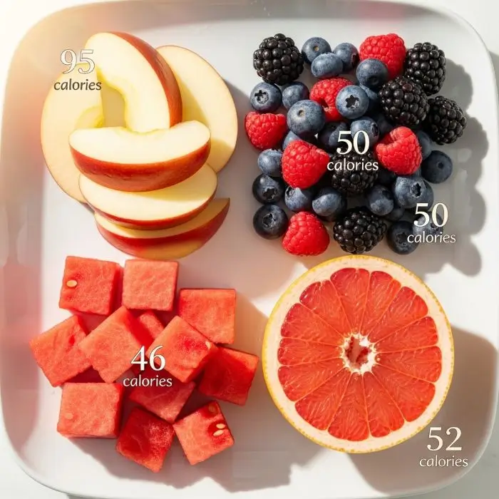 Colorful lineup of apples, berries, watermelon, and grapefruit, fruits that fill you up and prove Low-Calorie Filling Foods work.