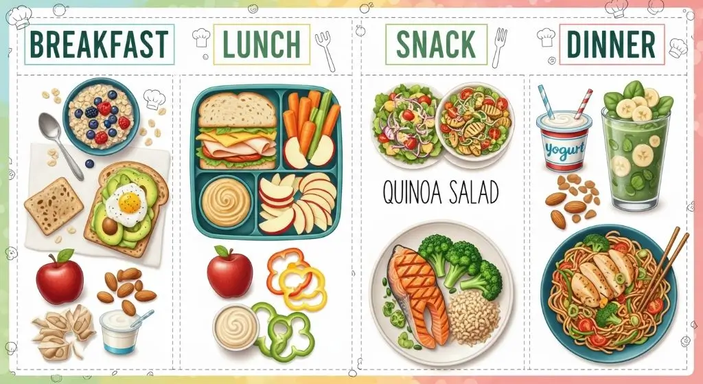 Illustrated family meal plan board with healthy breakfast, lunch, snacks, and dinner options for kids.