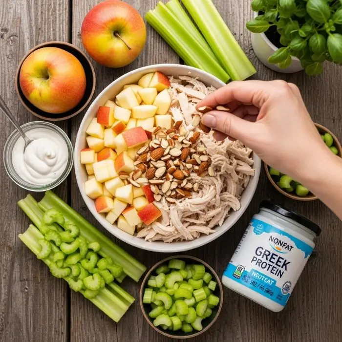 Greek Yogurt Chicken Salad with chicken, apples, celery, and yogurt protein on table with plant pot showing healthy recipe