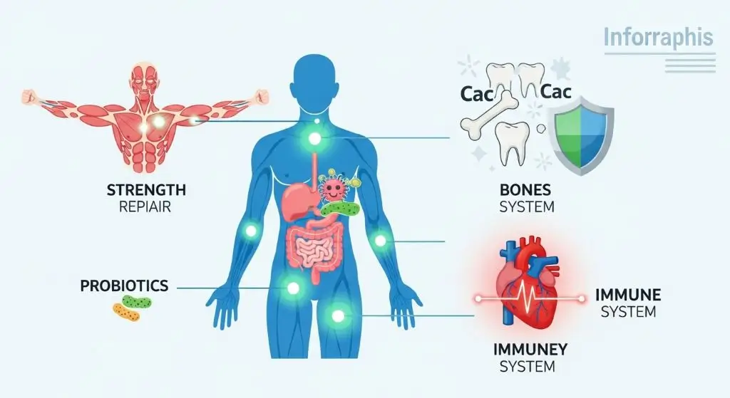Infographic of the health benefits of Greek yogurt showing support for muscles, gut health, bones, heart, and immune system.