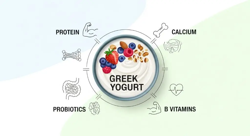 Infographic of Greek yogurt nutrition benefits showing protein, calcium, probiotics, and vitamins for bones, digestion, heart, and muscles.