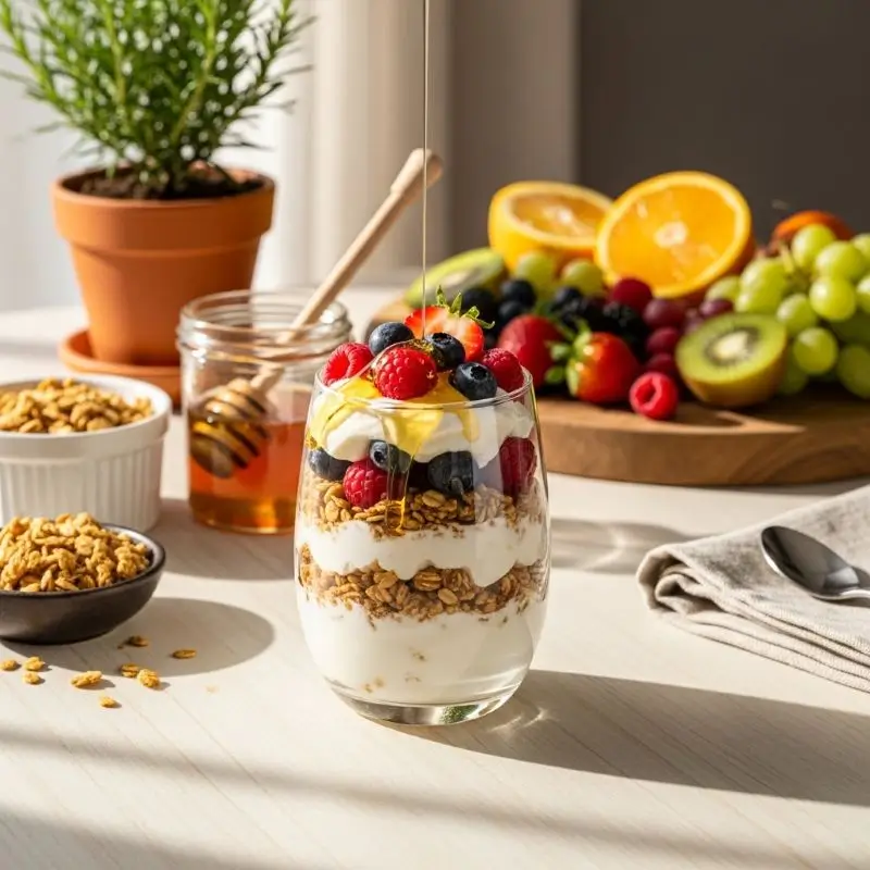 Greek yogurt parfait with fruit and granola decor on a bright counter, featured as one of the top Breakfasts for Losing Belly Fat.