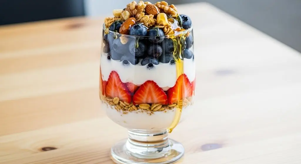 Greek yogurt parfait with fresh berries, granola, nuts, and honey served in a glass bowl.