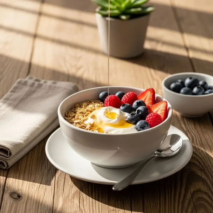 Greek Yogurt Power Bowl with berries and oats, a perfect example of Low-Calorie Filling Foods breakfast.