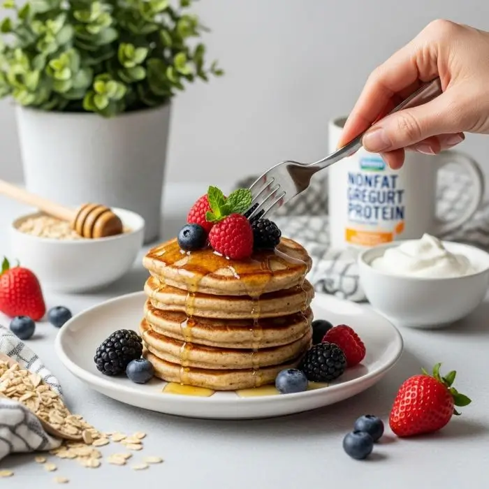 Greek Yogurt Protein Pancakes stack with berries and honey, side pose with ingredients and plant pot on table, healthy breakfast