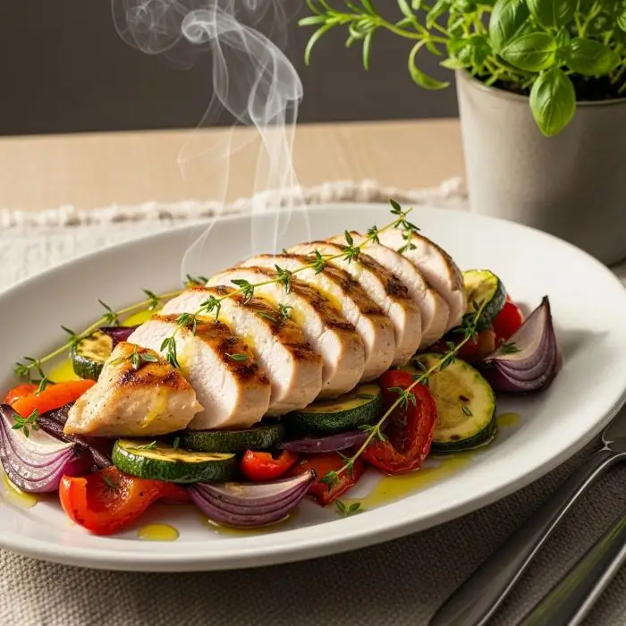 Grilled chicken and rainbow roasted vegetables showcase a vibrant Low-Calorie Filling Foods meal.