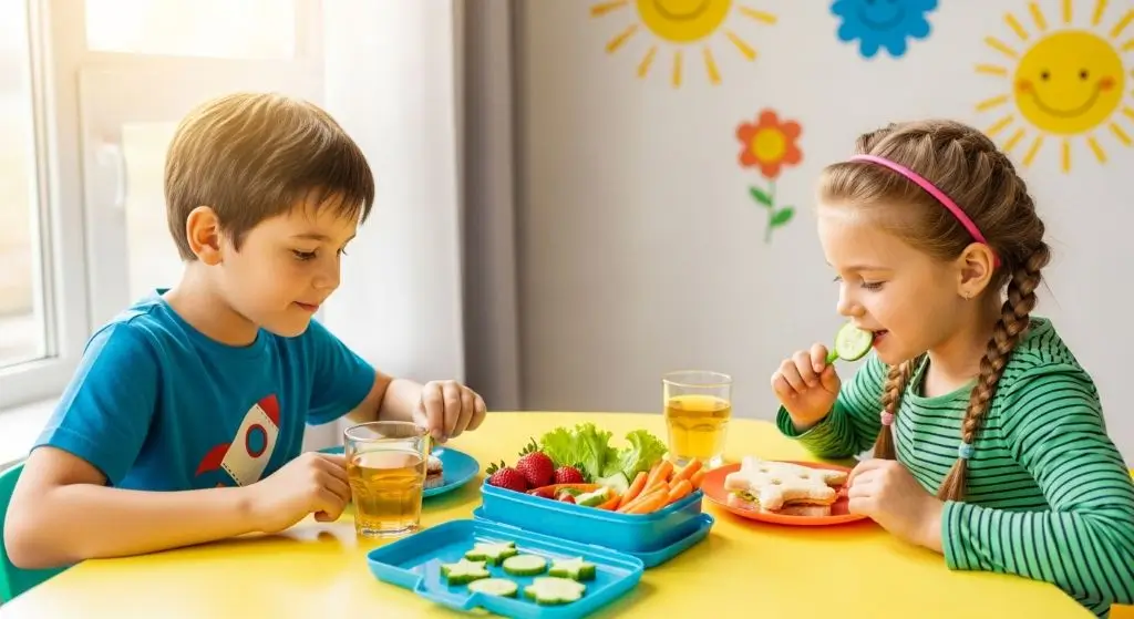 Two school children enjoying a healthy lunchbox with fruits, vegetables, and a sandwich, symbolizing healthy eating for kids.