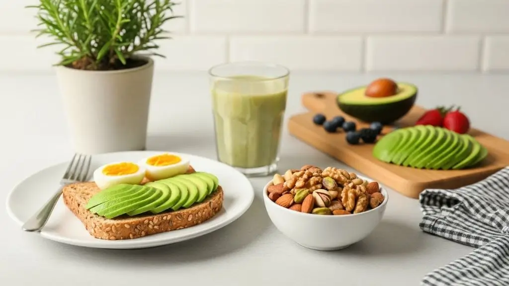 Breakfast with avocado toast, nuts, and whole-grain bread on a bright counter, ideal for Breakfasts for Losing Belly Fat.