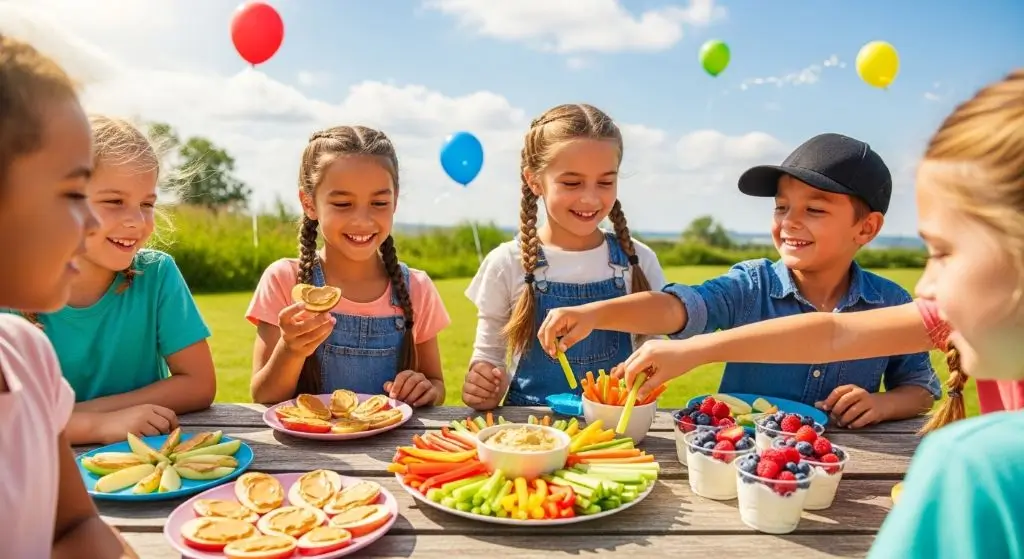 kids enjoying healthy snacks like apple slices with peanut butter, veggie sticks, and yogurt with berries at a picnic.