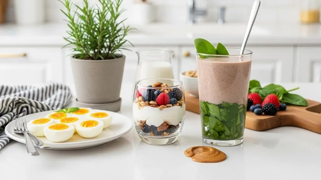 High-protein breakfast with eggs, Greek yogurt, and a protein shake on a bright counter for Breakfasts for Losing Belly Fat.