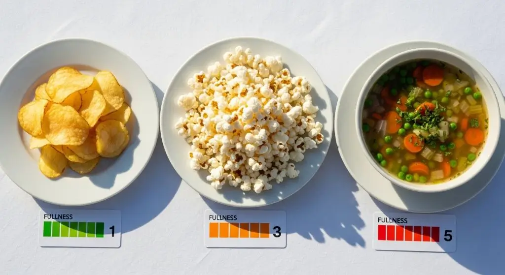 Visual comparison shows high-volume, low-calorie meals like soup and popcorn fill you up more than chips for 100 calories.