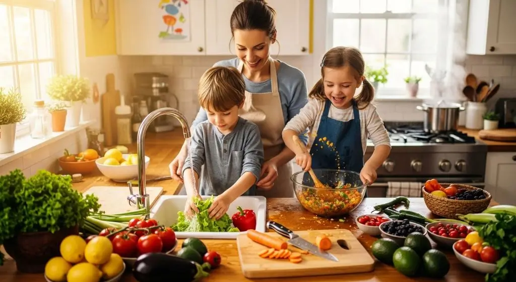 Children helping parents prepare colorful healthy meals in the kitchen, encouraging healthy eating habits for kids.