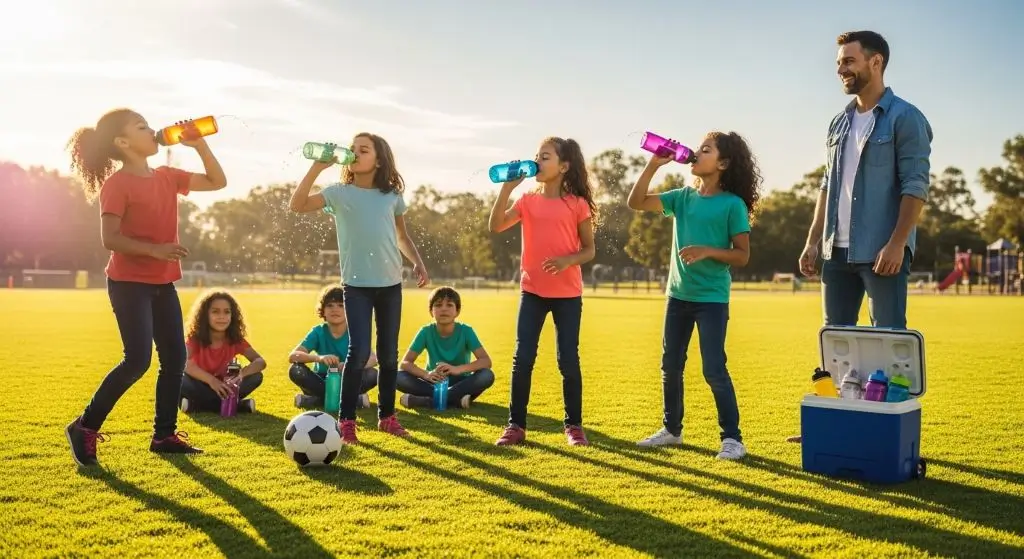 Children drinking water from reusable bottles during outdoor play, showing healthy hydration habits instead of sugary drinks.