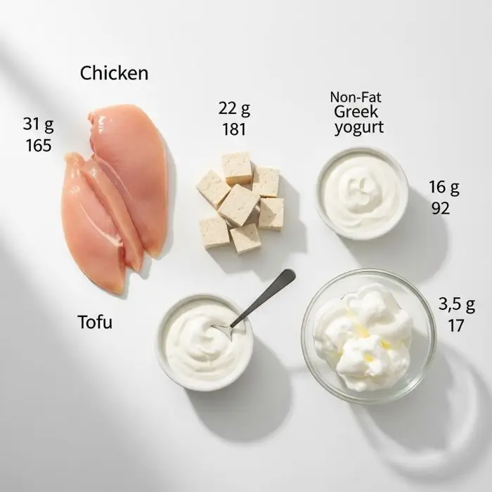 Chicken, tofu, Greek yogurt and egg whites display lean proteins that give long-lasting fullness on Low-Calorie Filling Foods plan.