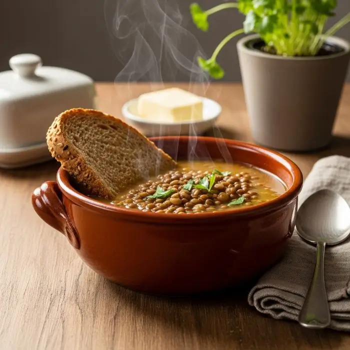 Rustic lentil soup and whole-grain toast, a cozy Low-Calorie Filling Foods lunch.