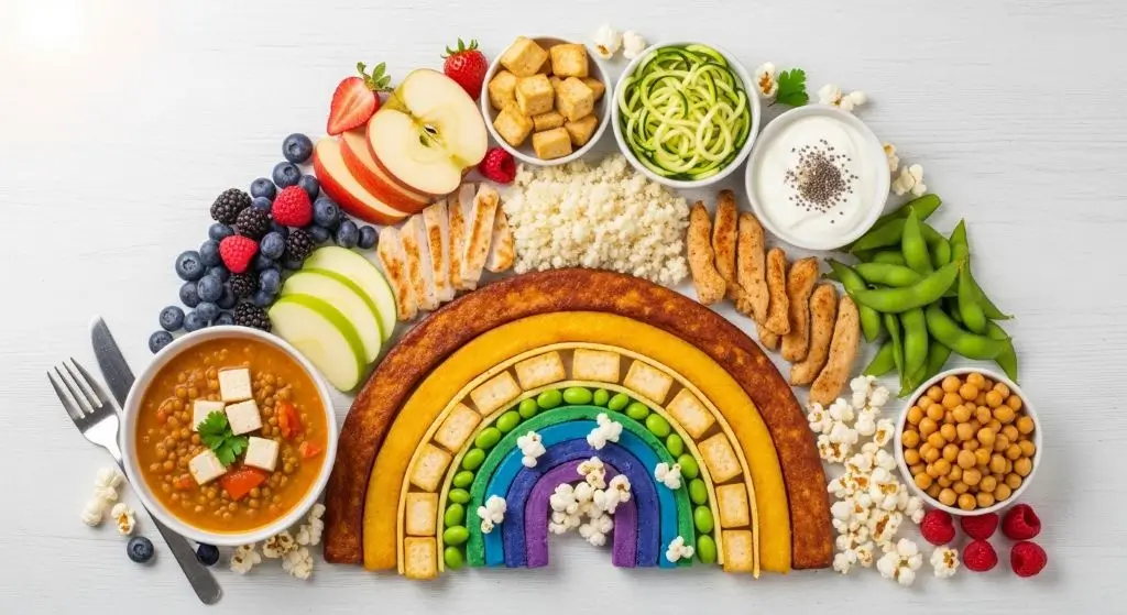 Rainbow spread of Low-Calorie Filling Foods, fruits, veggies, proteins, fiber carbs, perfect for weight-loss meals.